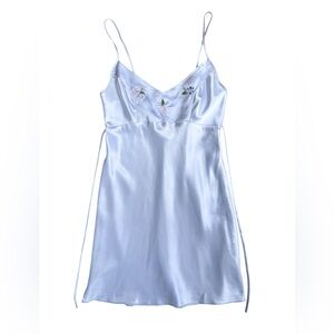 VTG Flower Embroidered Light Blue Satin Babydoll Nightie Size M